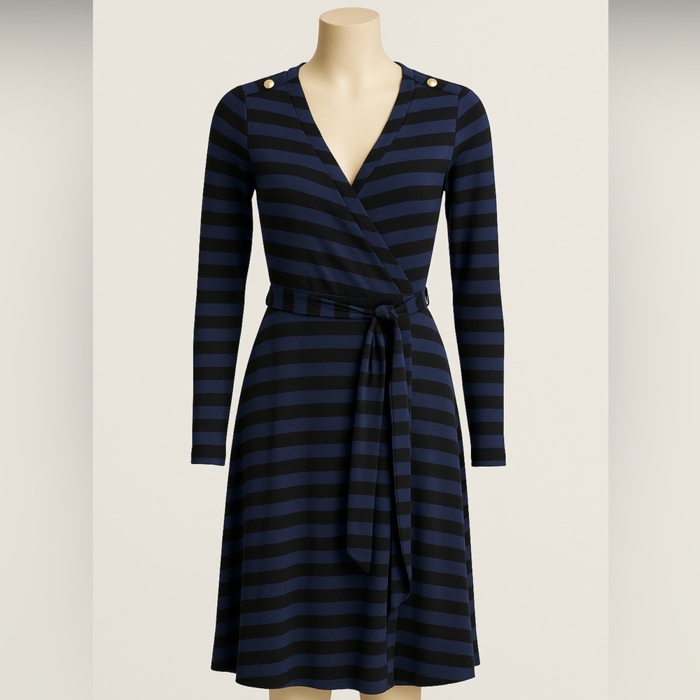 Banana Republic Faux Wrap Dress Navy Black Stripes Work Office Business Medium